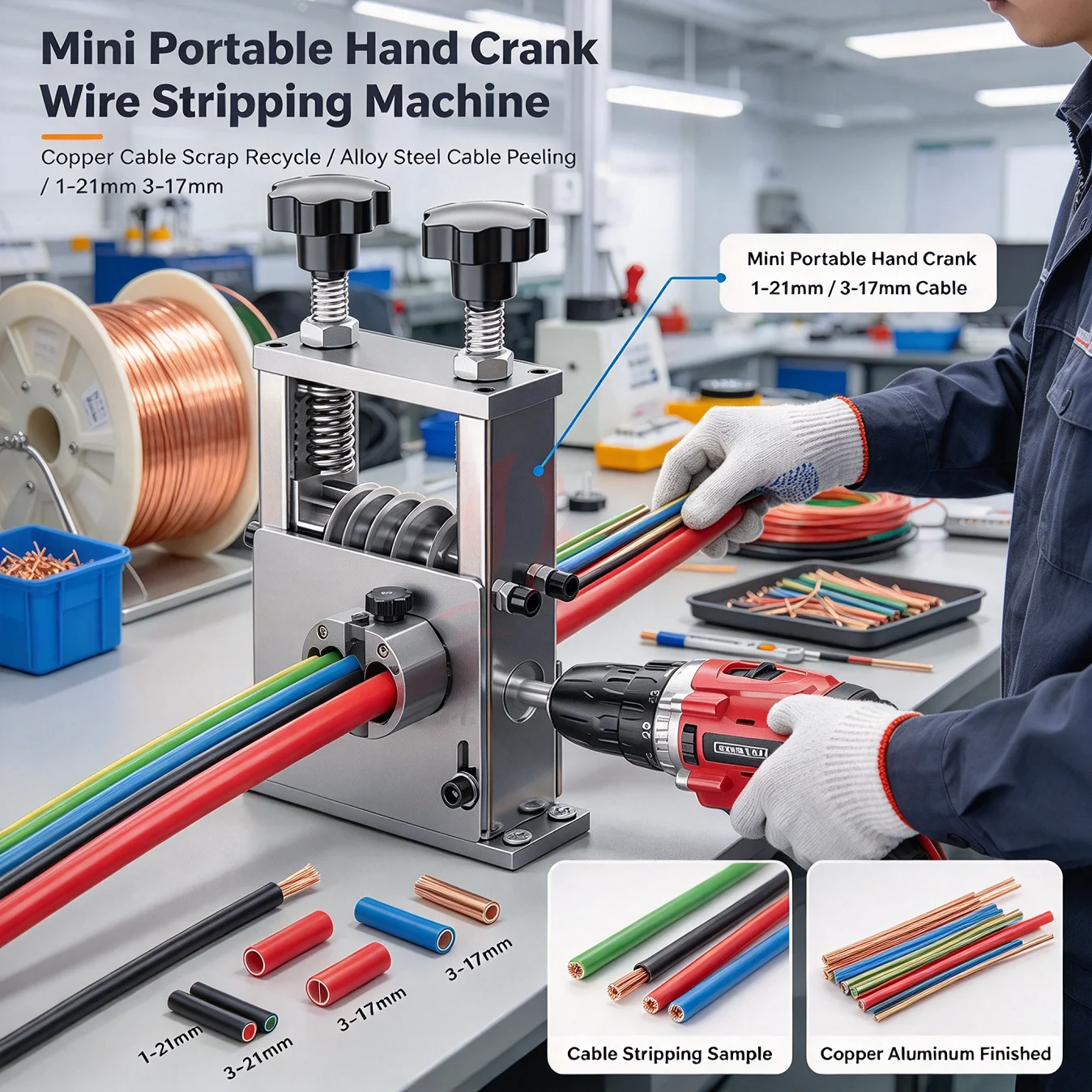 Mini Portable Hand Crank Wire Stripping Machine Copper Cable Scrap Recycle Alloy Steel Cable Peeling Stripper Machine 1-21mm