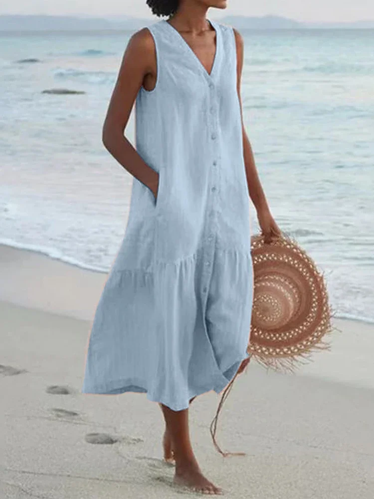 Summer Loose Casual Patchwork Cotton Linen Pocktes Dress V Neck Beach Style Dress Sleeveless Vintage Club Midi Solid Women Dress