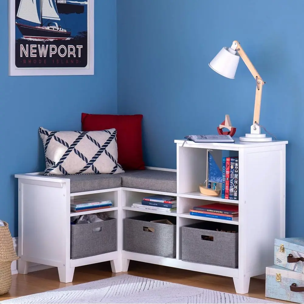 

Linen White Wooden Storage Bench with Bookcase, Seat Cushion, and Fabric Bins for Bedroom or Playroom