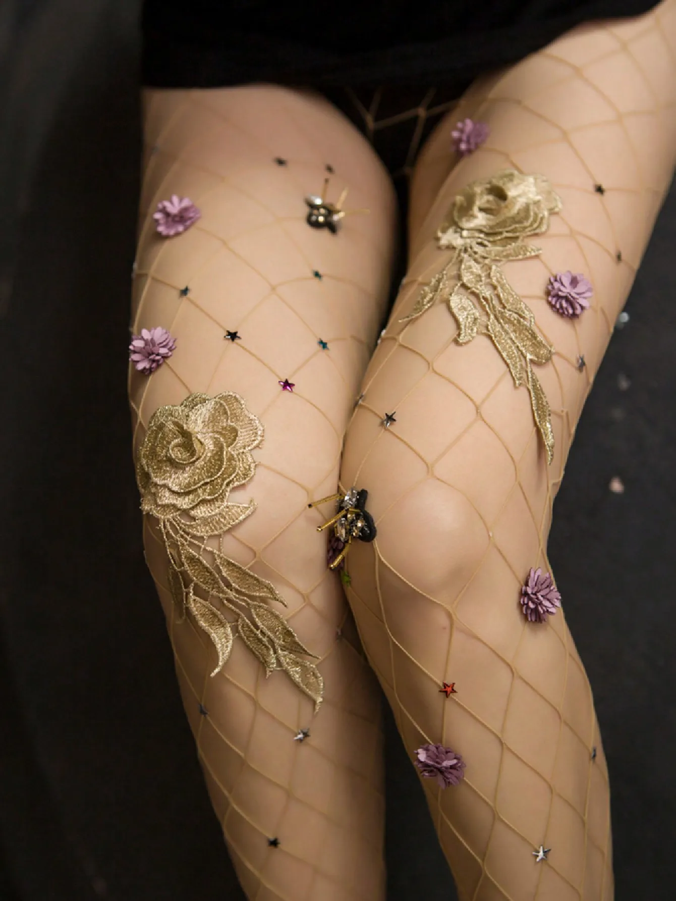 

Floral & Star Embellished Fishnet Stockings with Gold Lace Appliqué