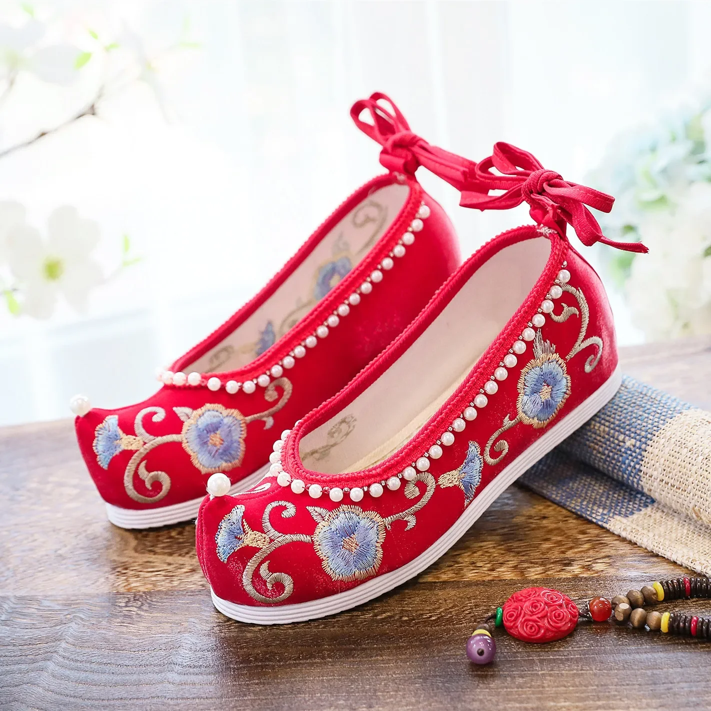 Zapatos Hanfu antiguos originales, zapatos antiguos con bordado rojo de tiro alto para mujer, zapatos de plataforma