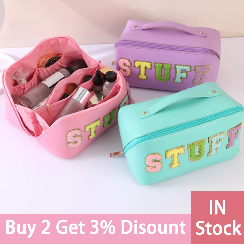 Folding Cosmetics Bag Letter Patches PU Leather Makeup Bag Fashion Make Up Organizer Large Capacity Waterproof Toiletries Bags