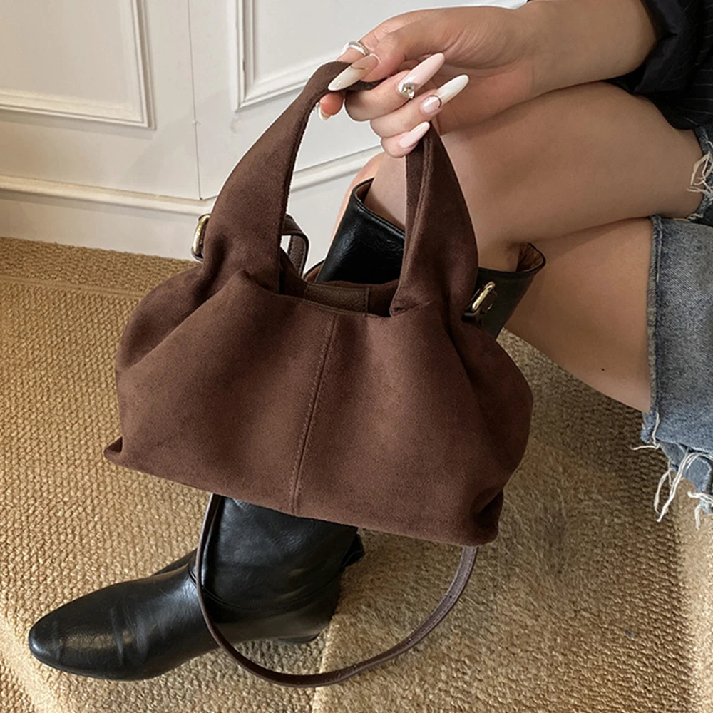 

Vintage Faux Suede Women Handbags Ruched Shoulder Crossbody Bags for Women Purses Luxury Designer Bag NEW Clutch Pouch Ladies