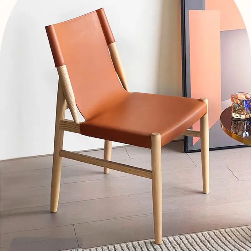 Nordic Saddle Leather Dining Chair Office Minimalist Light Luxury Home Solid Wood Backrest Stool Log Chair Leisure