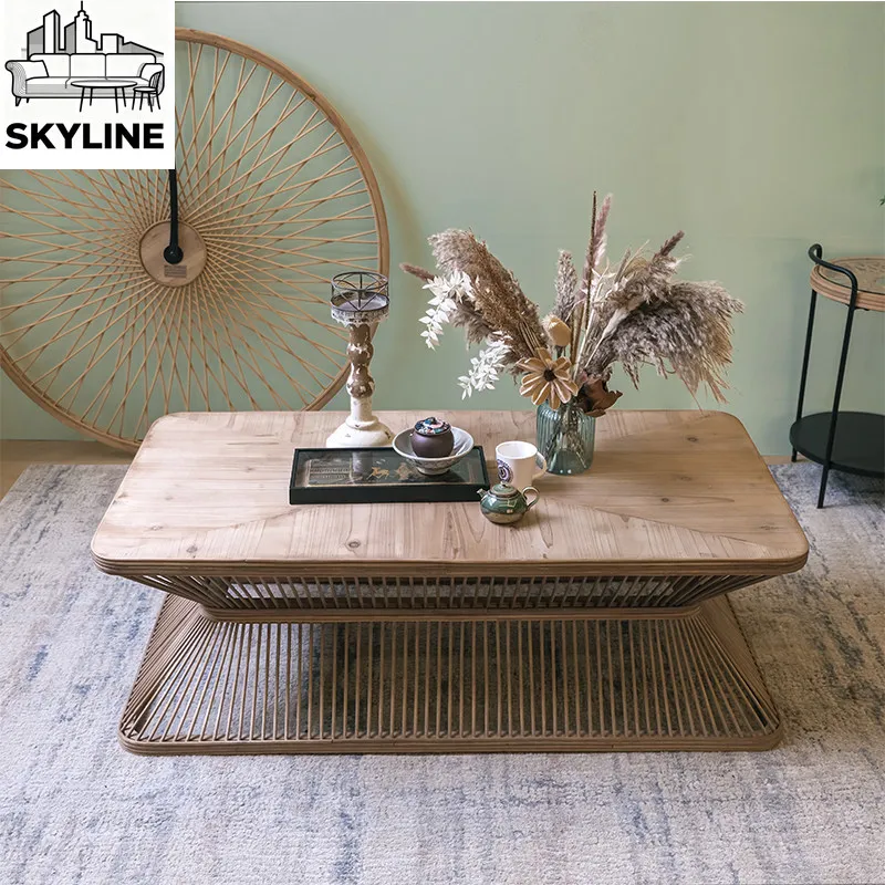 Handmade art bamboo coffee table hollow vintage living room square side table creative table