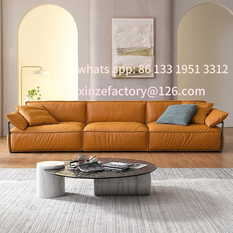 

Customizable Italian minimalist leather sofa first layer cowhide small apartment living room straight row three-person sofa