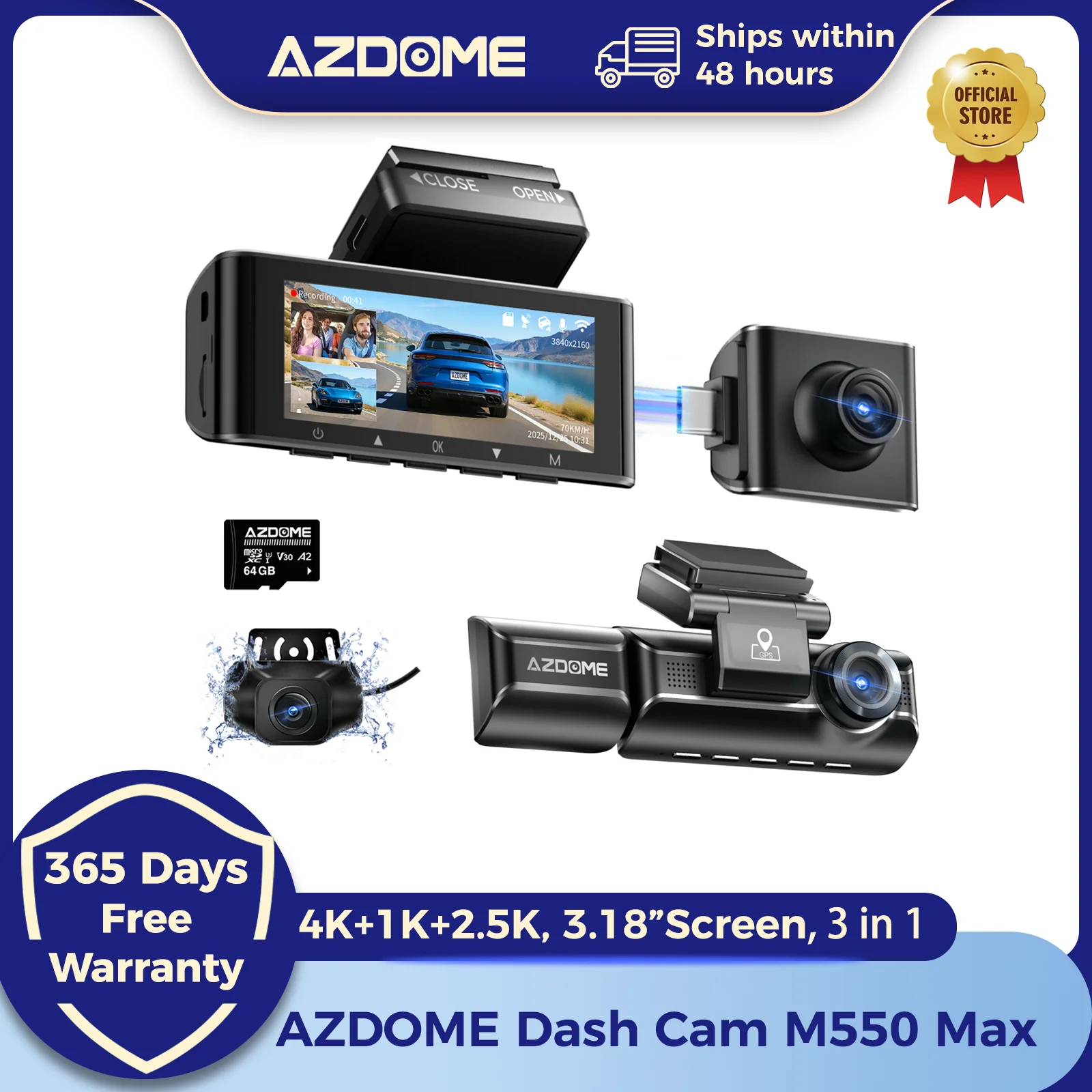 AZDOME 4K Dash Cam M550 Max Built-in GPS Wifi Camera Car DVR 3.18”Screen Night Vision 24H Parking Monitor Support Rear Cam