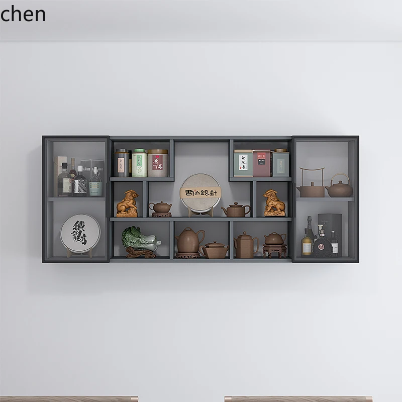 HT  Solid Wood Wall-Mounted Home Living Room Wall Shelf Wine Rack Tea Display Cabinet Modern