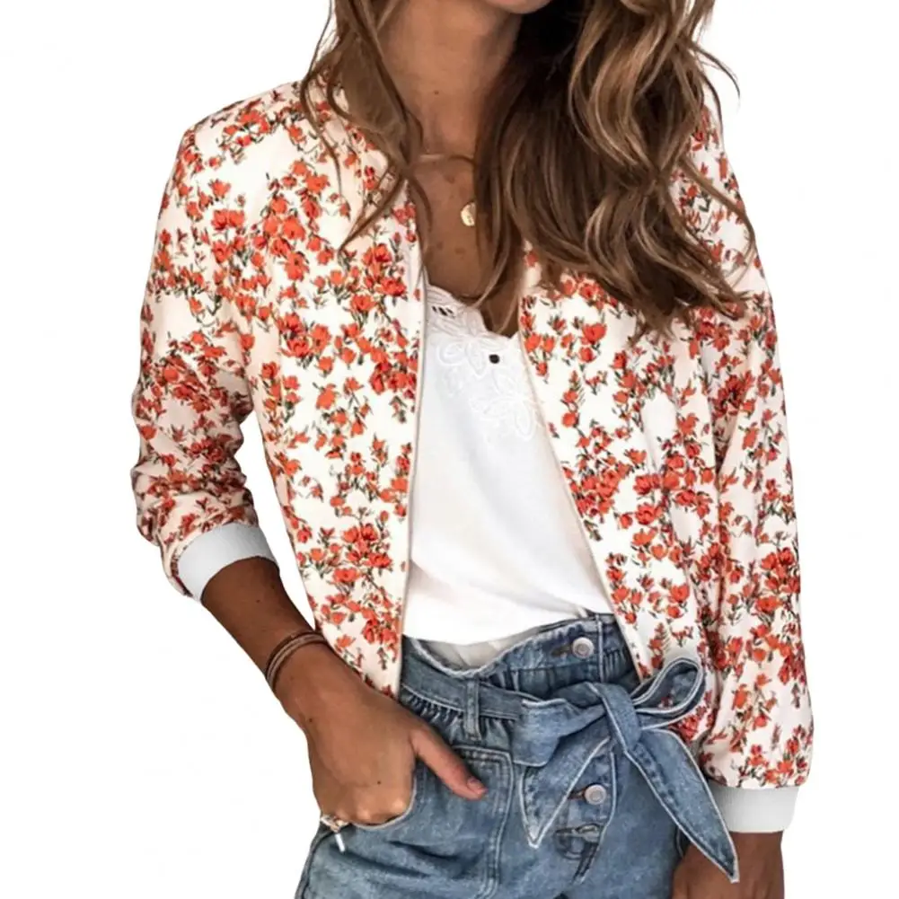 

Zip Up Flower Print Women Jacket Coat Elastic Cuff Long Sleeves Cardigan Colorfast Spring Autumn Jacket Women Clothes