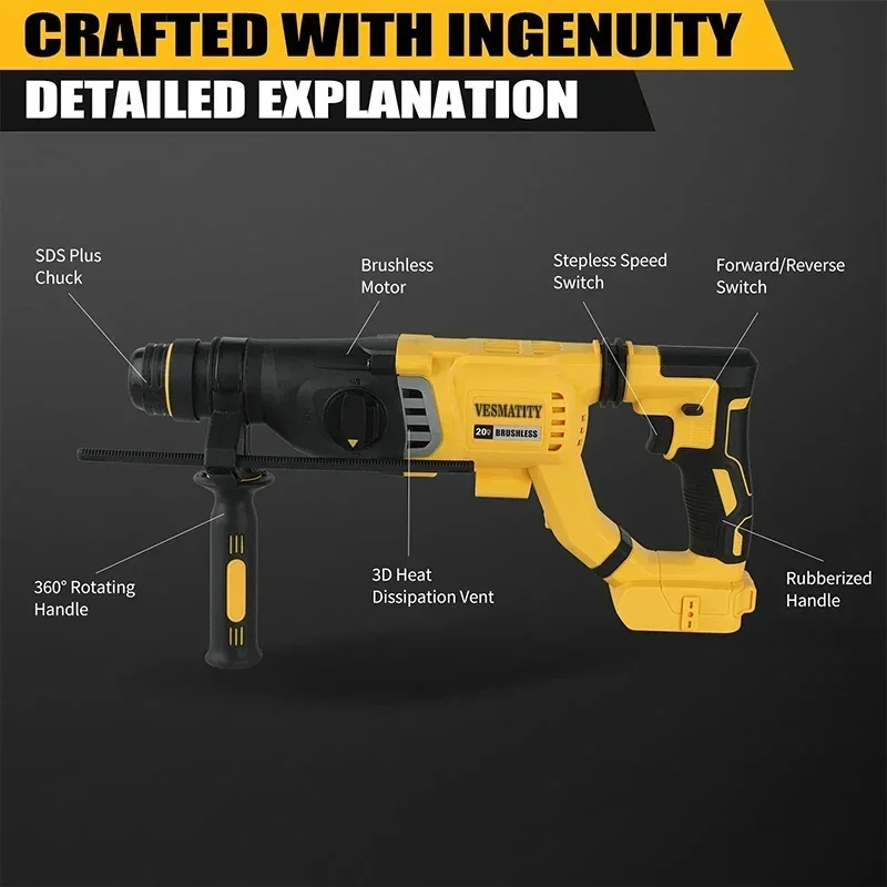 Vesmatity D-Handle Hammer Drill Brushless Cordless SDS PLUS Rotary Electric Wall Concrete Hole Tool 18V 20V Battery Pro Max