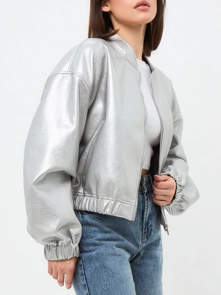 Ailegogo Streetwear Women Loose Retro Silver Pu Faux Leather Jacket Spring Autumn Female Zipper O-neck Coat Outwear