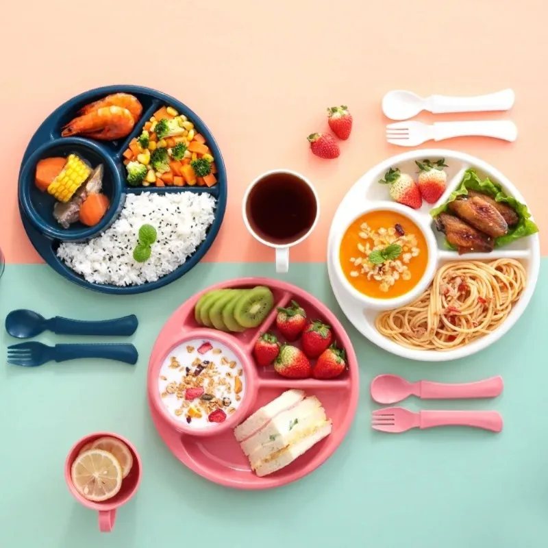 4PCS Round Divided Plate Set 4 Grid Compartment Tray with Spoon Fork Cup Japanese Style Breakfast Plate Easy to Clean Safe Home
