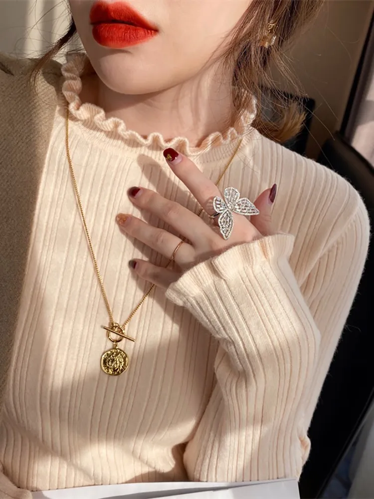 Sweter z golfem damski moda 2025 nowe elastyczne topy damskie dzianinowe pulowery z długim rękawem sweter dzianinowy bazowy