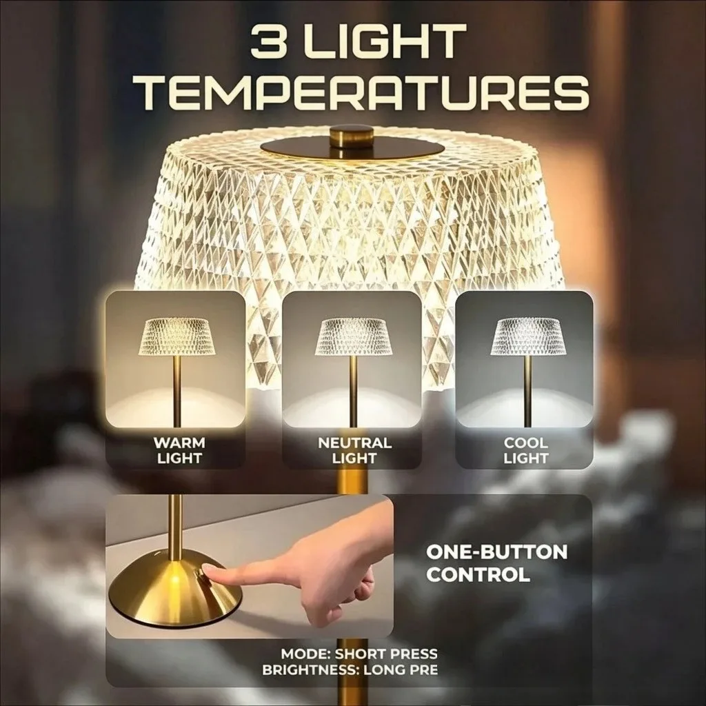 Retro Diamond Glass Table Lamp, USB Rechargeable LED, Eye Protection for Bar Bedroom Hotel Office Wedding Cafe Home Decor