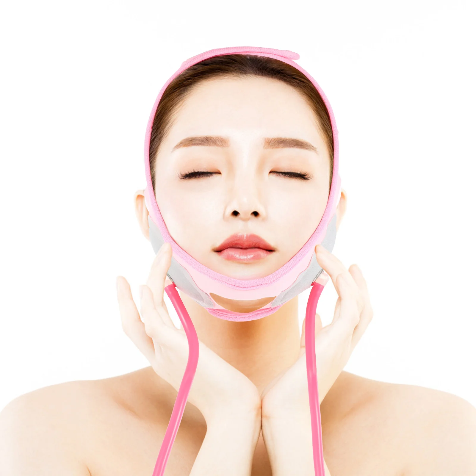 อุปกรณ์ยกใบหน้าและคอสายรัดทําให้พองอุปกรณ์ความงามบนใบหน้าเข็มขัดผ้าสีชมพูผู้หญิง