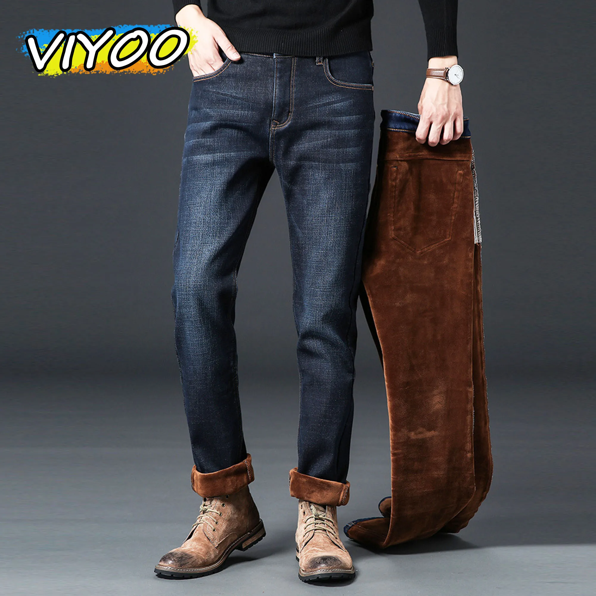 Men's Oversied Casual Baggy Pants Trousers Plus Velvet Denim Thick Pants Fleece Jeans For Men Outdoor Sweatpants Winter Clothes