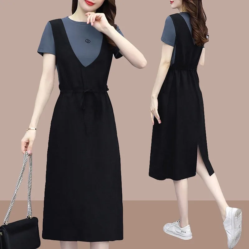 Summer Casual Women's Fashion Set Polyester Long Pants Short Sleeve round Neck Two-Piece Suit Slimming Concealing Trendy Ense...