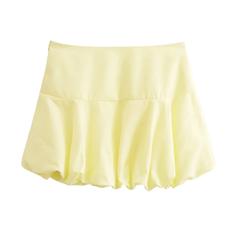 YENKYE New Women Lemon  Yellow Side Zipper Mid Waist Balloon Mini Skirt  Summer faldas para mujeres