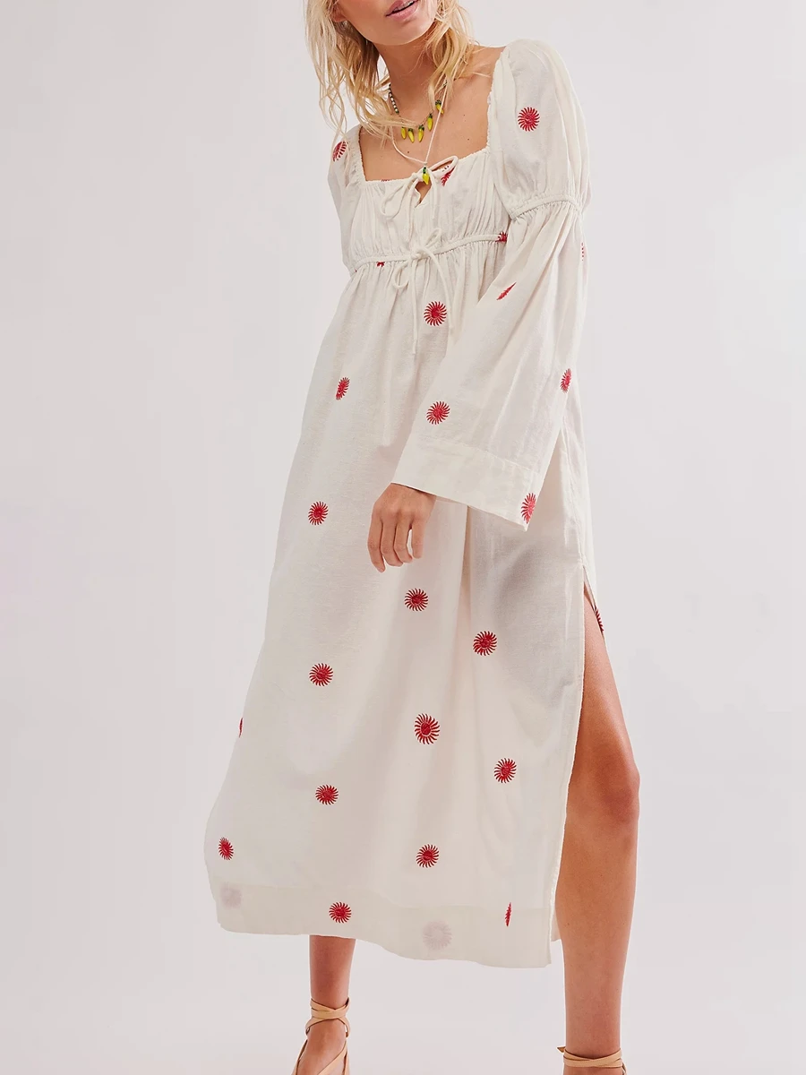 

Women Floral Embroidered Midi Dress Long Flare Sleeve Tie up Square Neck Bohemian Flowy Dress Split Hem Linen Sundress