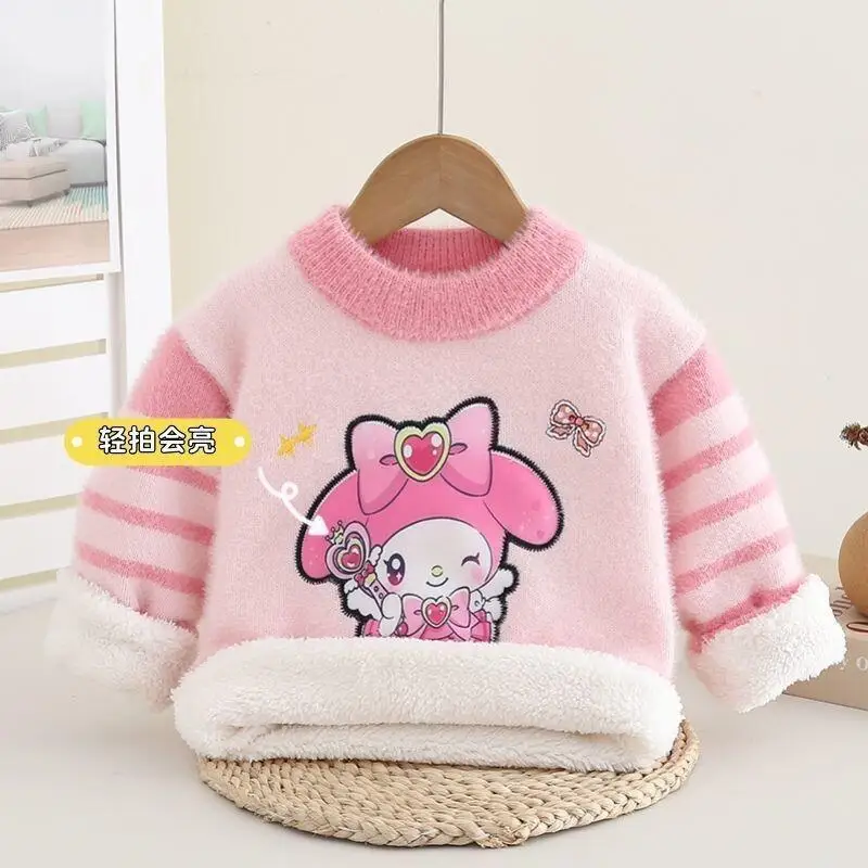 

Sanrio Kuromi Girls Knitted Sweater Winter Fleece Lined Cartoon Print Kids Fashion Top For Autumn And Casual Wear Cute Kawaii