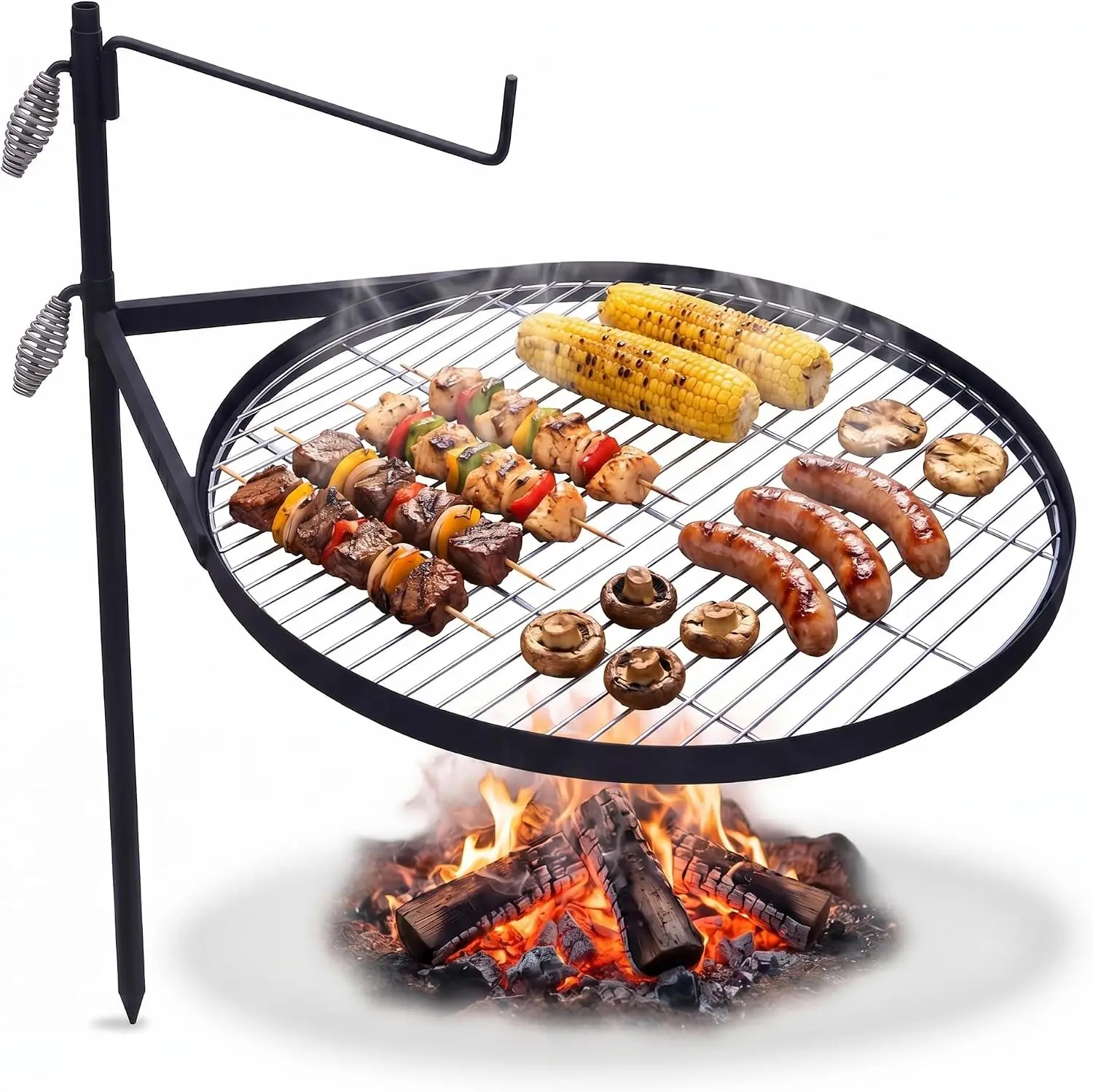 24 Inch Portable Campfire Grill Grate, Stainless Steel Swivel Fire Pit Cooking Grate with 360-Degree Rotation and Adjustable Height, Multi-Functional Campfire BBQ Rack Stand for Outdoor Camping & Backyard
