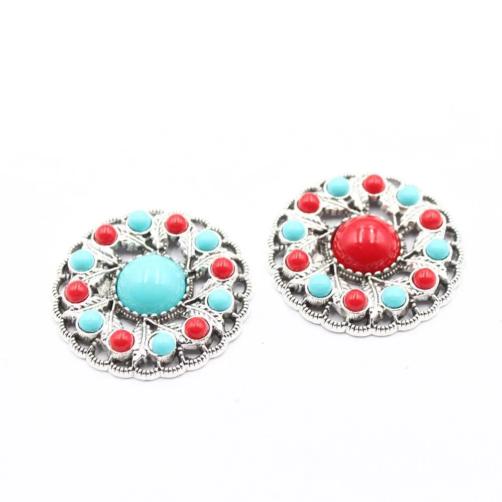 5PCS  35mm Alloy Embedded Imitation Turquoise round Flat Bottom Flower Tag Tibetan Ethnic Clothing Accessory Necklace Pendant