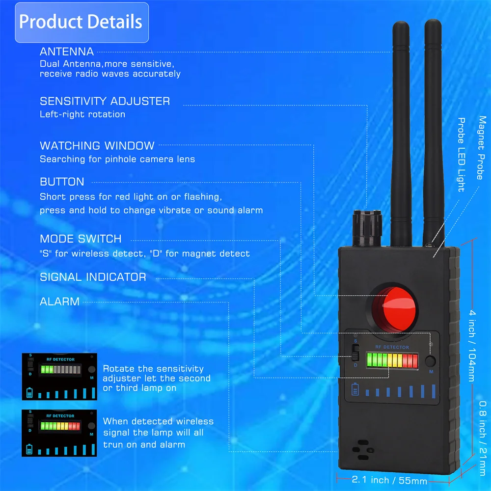 G528 Multi-Function Anti-Spy Detector Hidden Camera Detect Bug GSM Listening Finder GPS Signal Lens RF Tracker Scan Dual Antenna