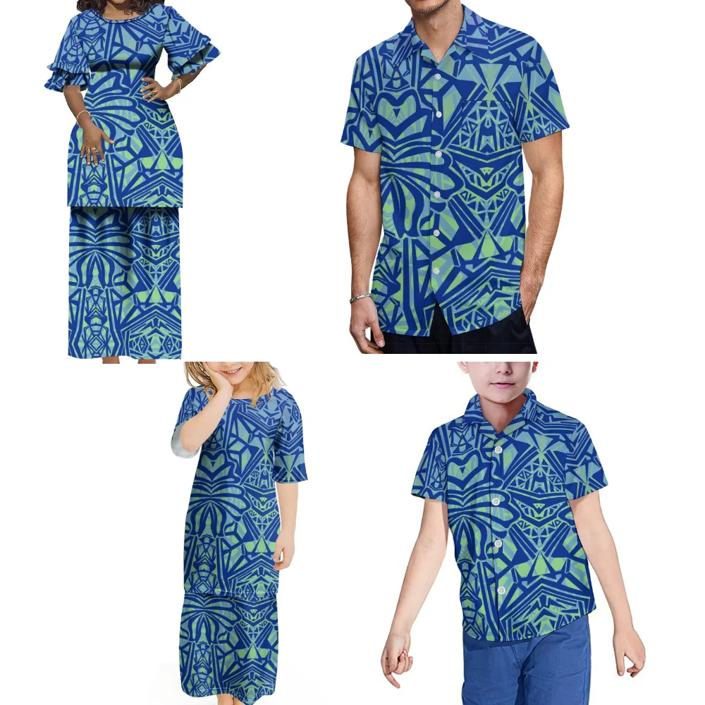 Family Party Set Custom Women'S Puletasi Men'S Shirt Adult Children'S Clothing Polynesian Vintage Grain Design Art Clothing