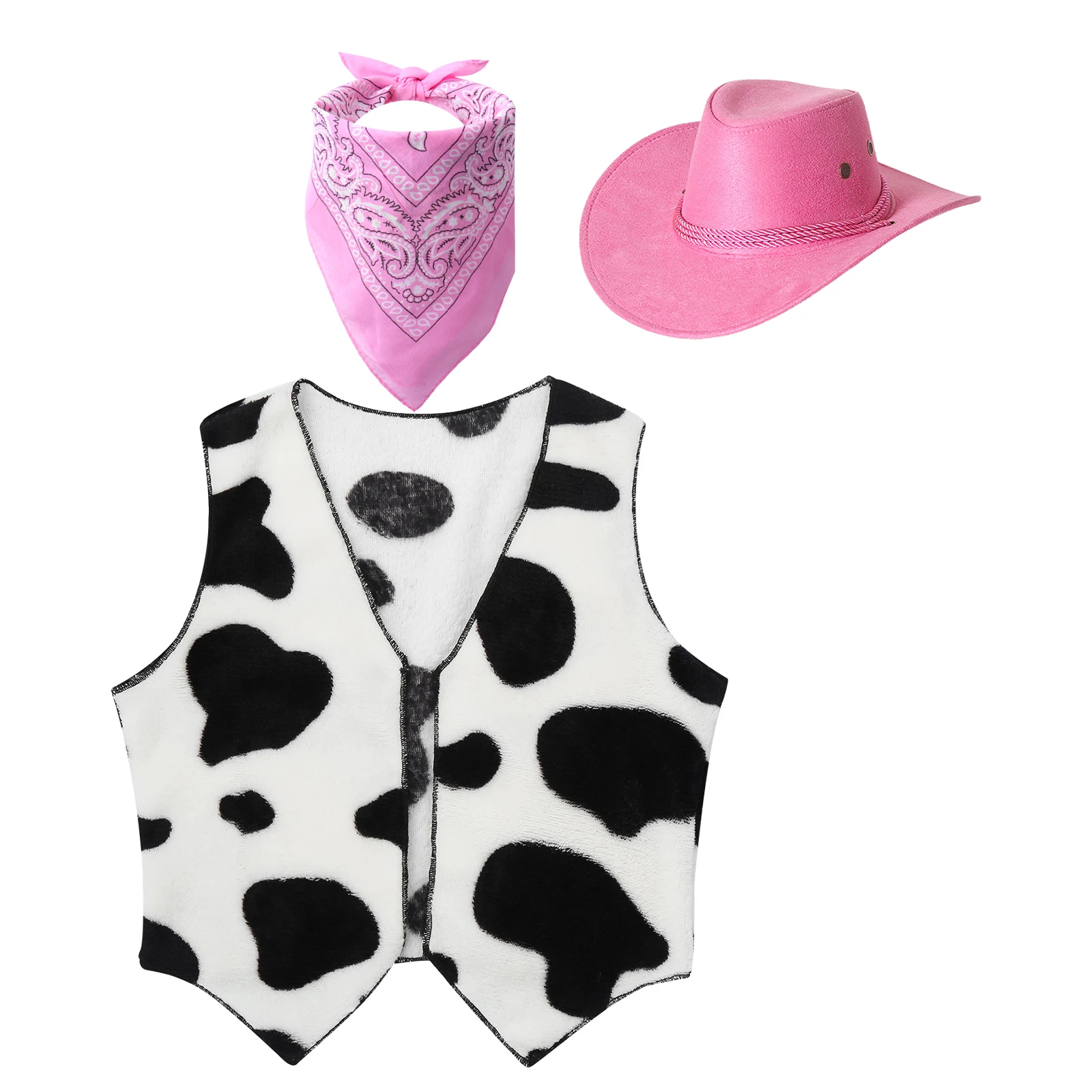 Halloween Cowboy Costume Cowgirl Party Dress Up Kids Western Felt Hat with Bandanna and Cow Print Vest Cosplay Fancy Outfits