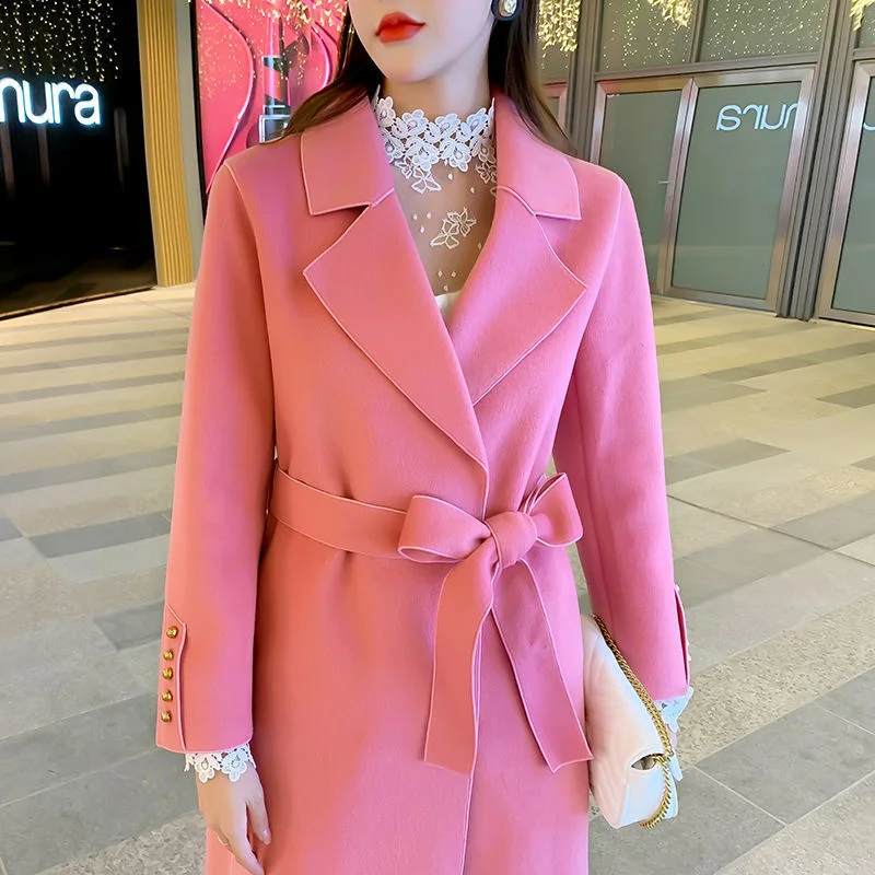 

Осень 202, женские пальто из 100% шерсти, офисные женские шерстяные куртки и зимние элегантные универсальные свободные длинные куртки на шнуровке