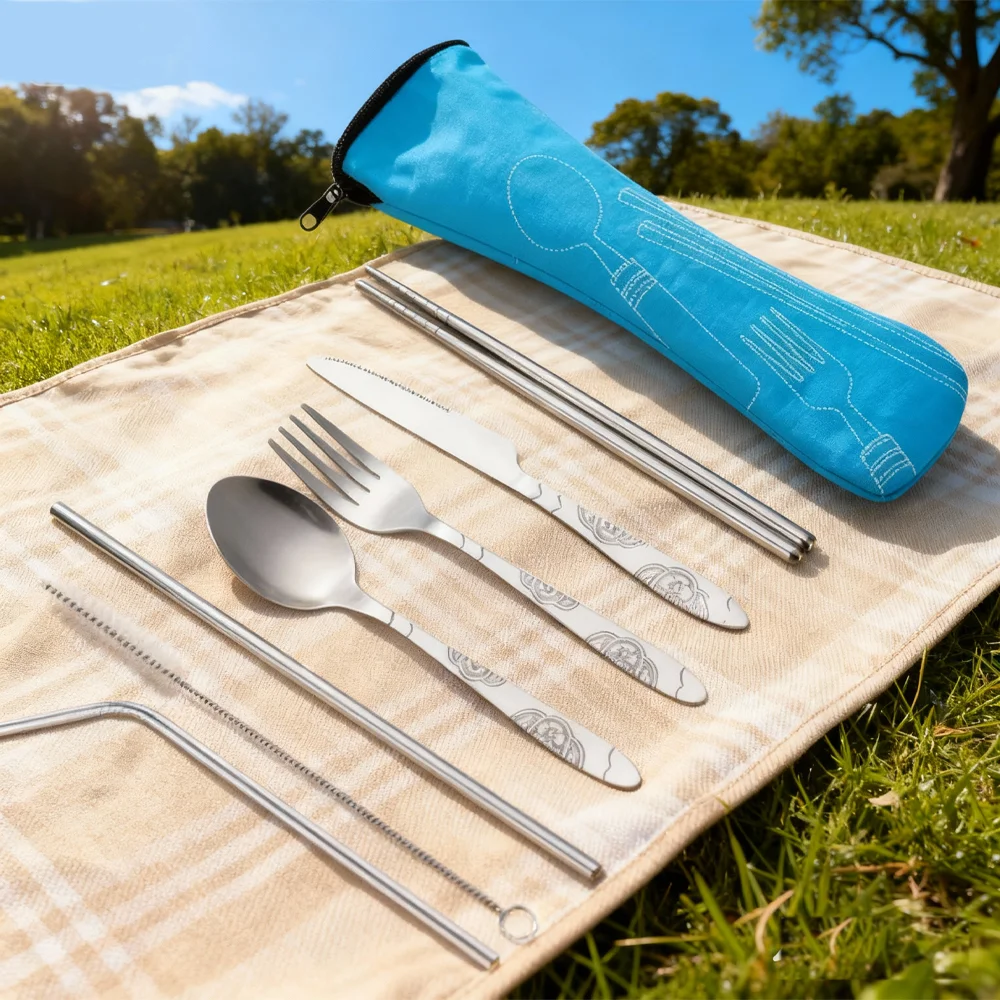 7-teiliges Edelstahl-Geschirrset, Messer, Gabel, Löffel, Essstäbchen mit tragbarer Stofftasche für Picknick im Freien, Camping, Reiseset