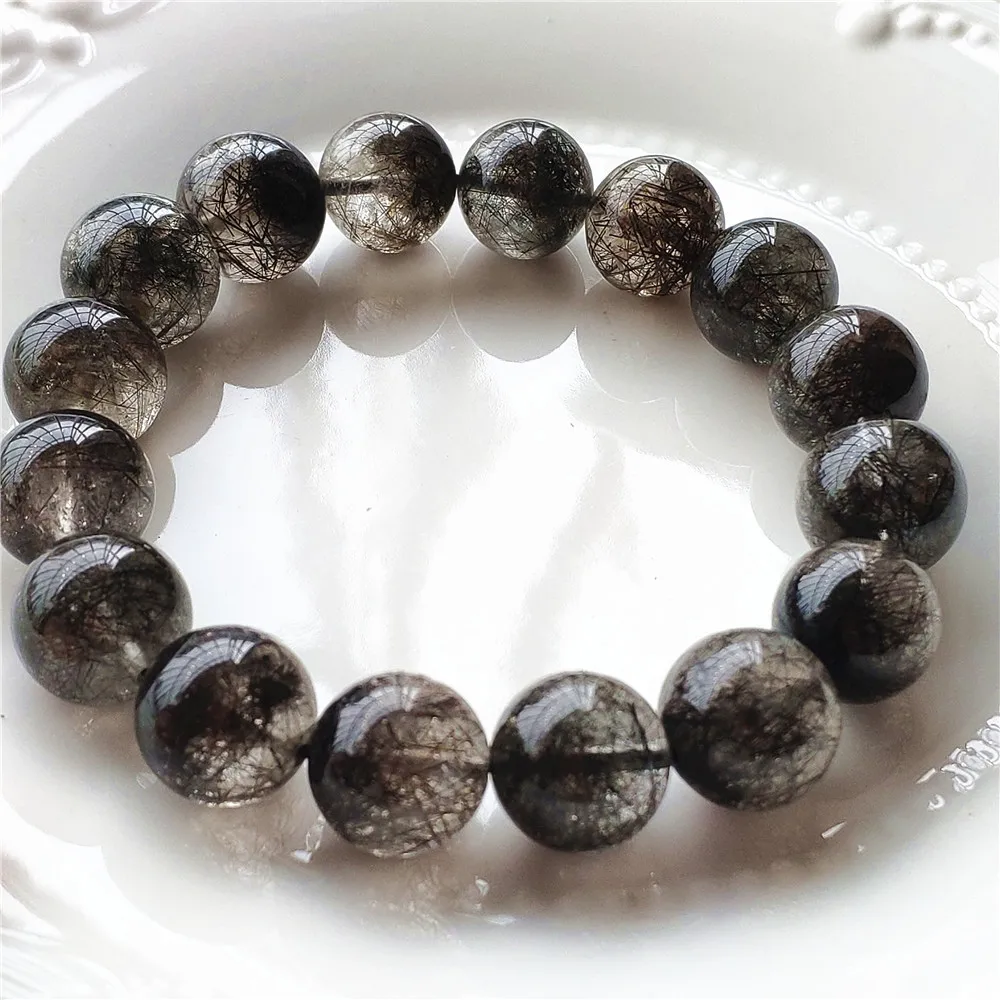 

Natural Black Rutilated Quartz Clear Beads Bracelet Brazil 13.5mm Women Men Clear Round Beads Wealthy Bangle AAAAAAA