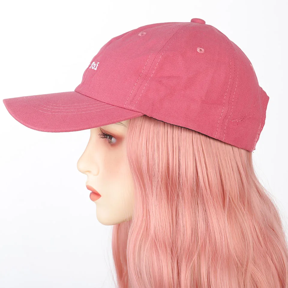 Pink Baseball Cap Seamless Connection Hair Extensions Synthetic 18inch Fluffy Long Wave Wig Hats for Women Adjustable Cap Wigs