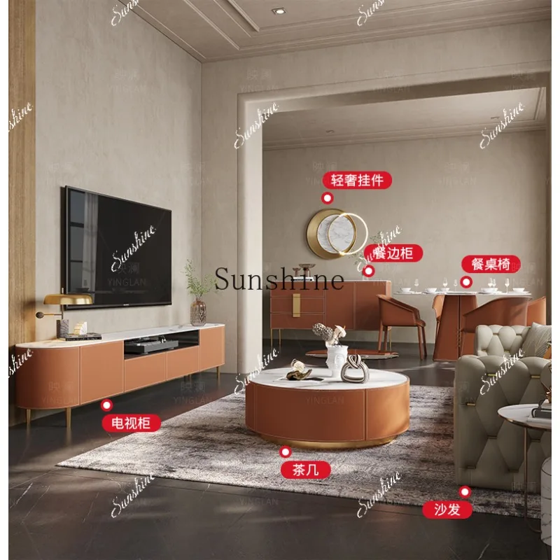 Light luxury modern simple household small apartment living room rock slab round coffee table TV cabinet combination  FT