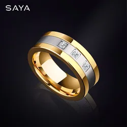 8mm Tungsten Rings for Men Gold Plating Wedding Bands 3 CZ Stone Marriage, Customized