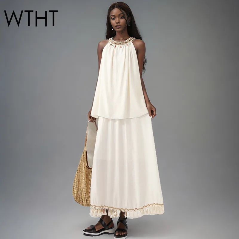 

WTHT New Fashion Women's Suits Spliced Nail Beading Halter Tops Tassel Edge A-line Skirt Two-piece Set Female 1LS1903