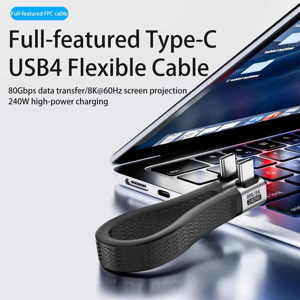 Dual Right Angle USB4 Type‑C Flat Cable 80Gbps High‑Speed Data 240W PD Charging 8K Video Cord for Thunderbolt4 Docking Station
