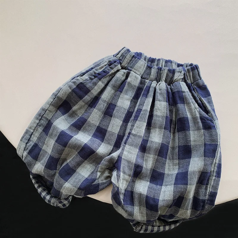 Children\'s Retro Blue Plaid Trousers 2024 Spring Autumn New Korean Boys And Girls Double-Layer Cotton Casual Harem Pants WTP121