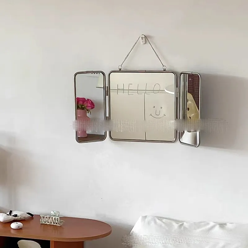 Square Minimalist Metal Trifold Mirror Stainless Steel Wall Mounted Mirror Bathroom Dressing Tabletop Decorative Mirror ZG64