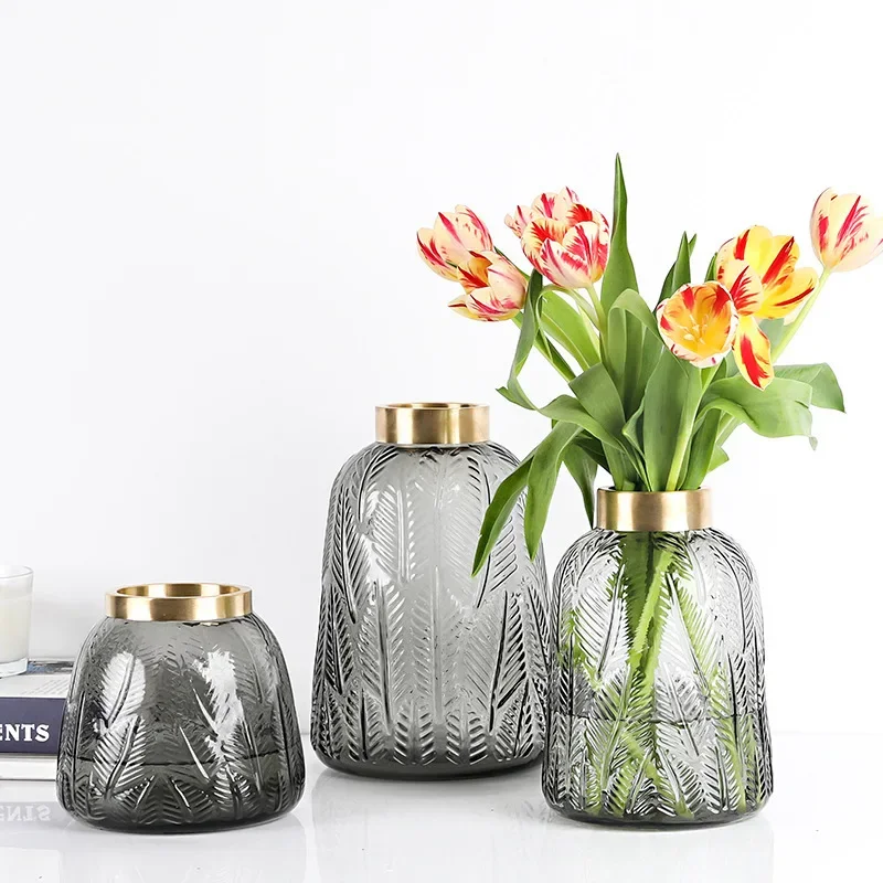 Vintage Vase Green Leaf Golden Glass Flower Pot Water Nourishing Exquisite Home Decor Living Room Table Light Luxury Decoration