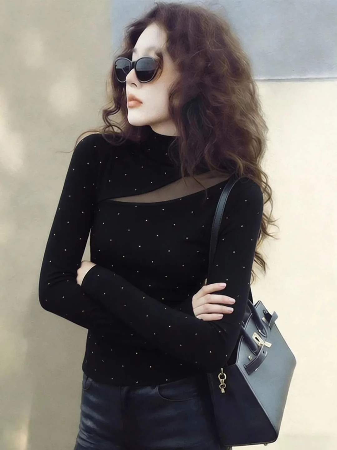 

Slim Fit Base Layer irt Women's Faionable Early Spring New Sle Inner Wear Diamond Heat Transfer f High Collar T-irt