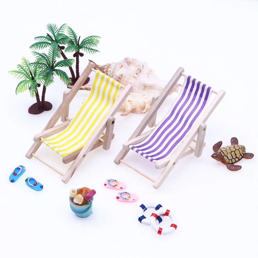 New Mini 1/12 Dollhouse Chair Multicolors 7.5*5*6cm Summer Vacation Beach Chair Wooden Outdoor Casual Reclining Chair For ob11