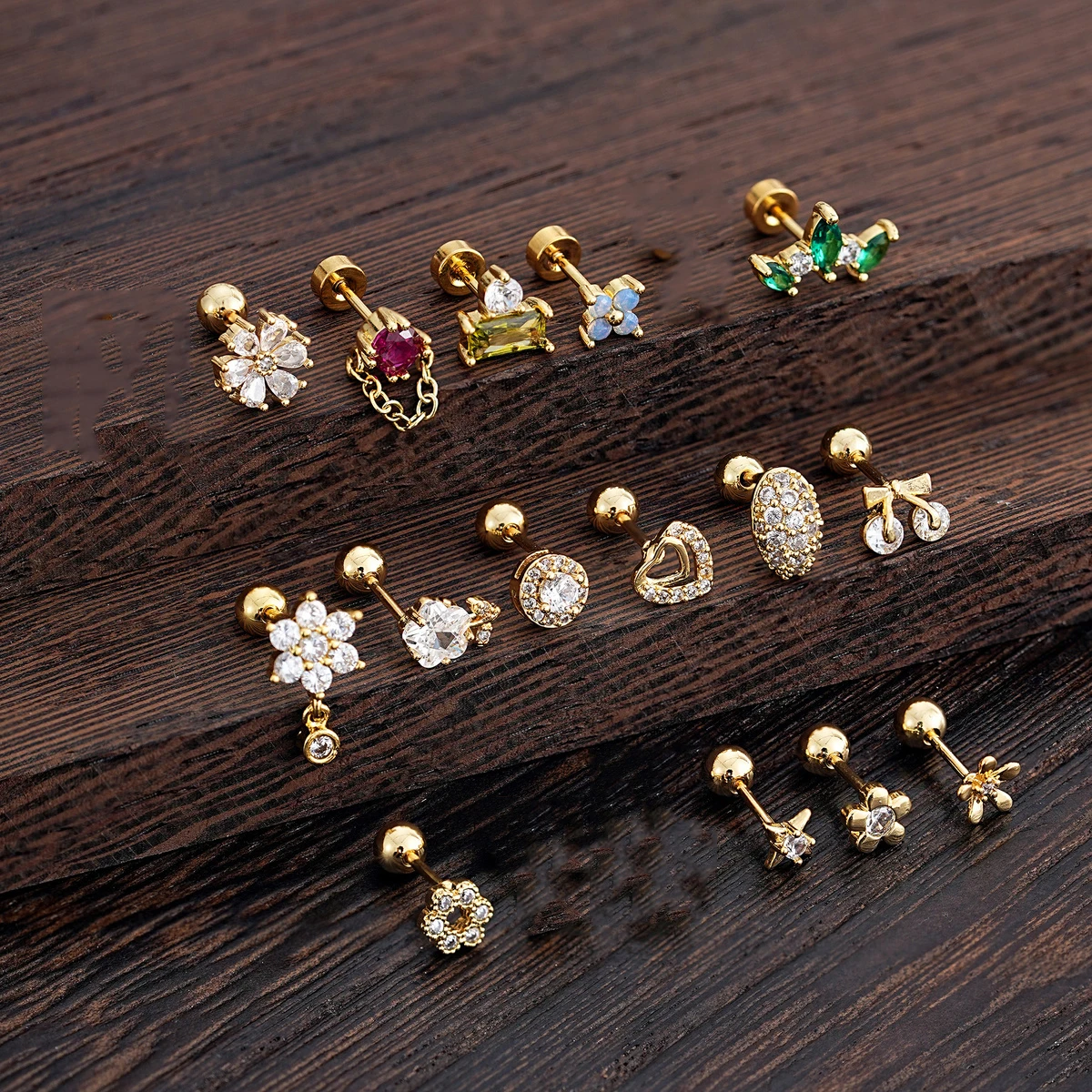 1pc Gold Crystal Zircon Ear Stud Piercing Oreja 14G Stainless Steel Flower Heart Dangle Earring Flat Back Helix Tragus Piercings