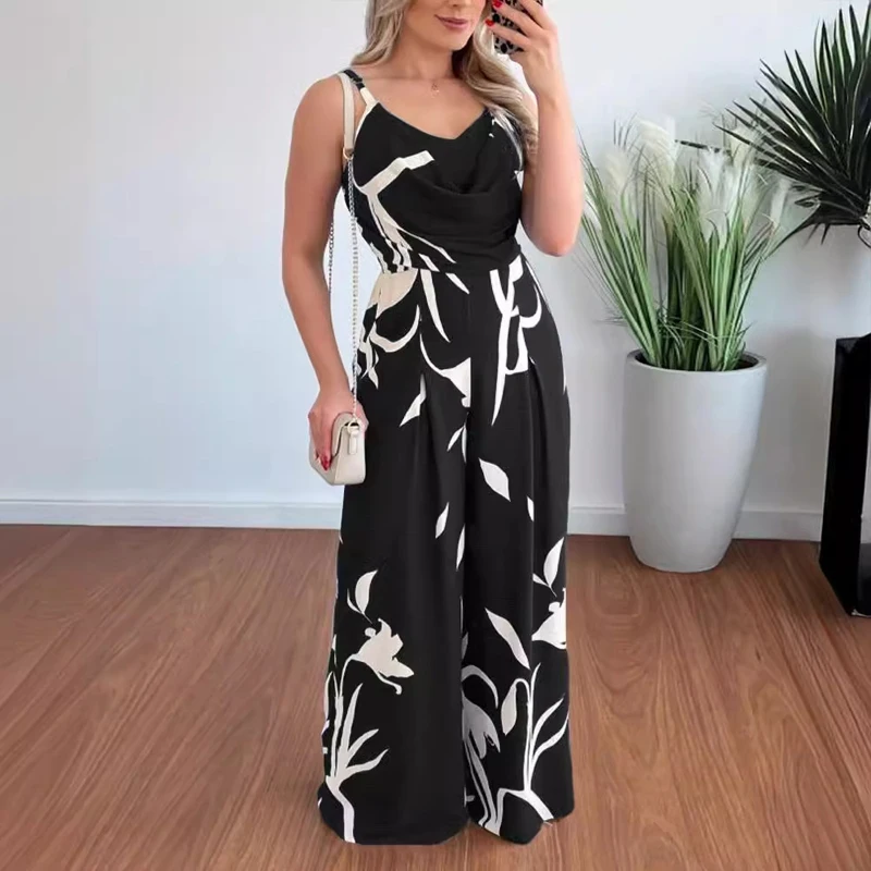 Women's Jumpsuit 2024 Summer Fashion Print Temperament Commuting Elegant Overalls Sleeveless V-neck Open Back Wide Leg Jumpsuits