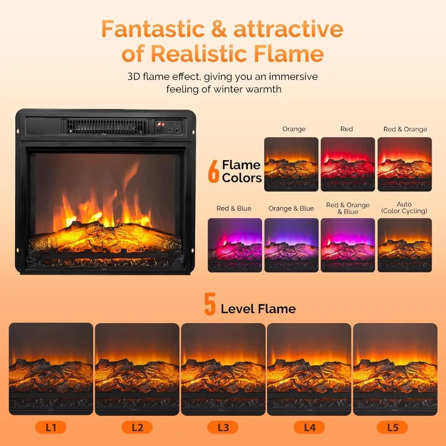 26 Electric Fireplace Insert with APP Remote Control 1400W Recessed Heater for Indoor Use 8 Flame Colors 5 Brightness Levels 8H