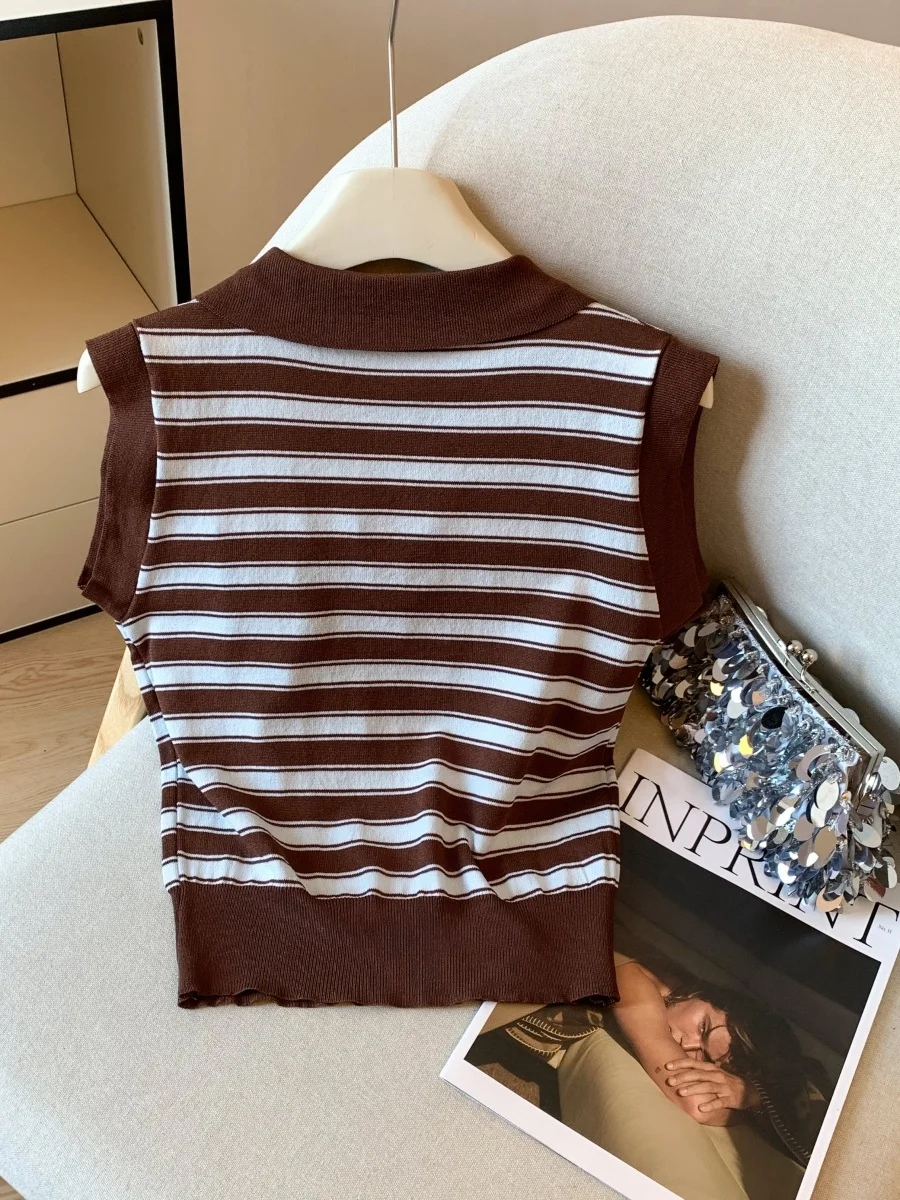 High-End  Ne Stripe Color Blo Women's Knitted Vest Summer Svel Faion Commute Sle Thin Polyester Fiber