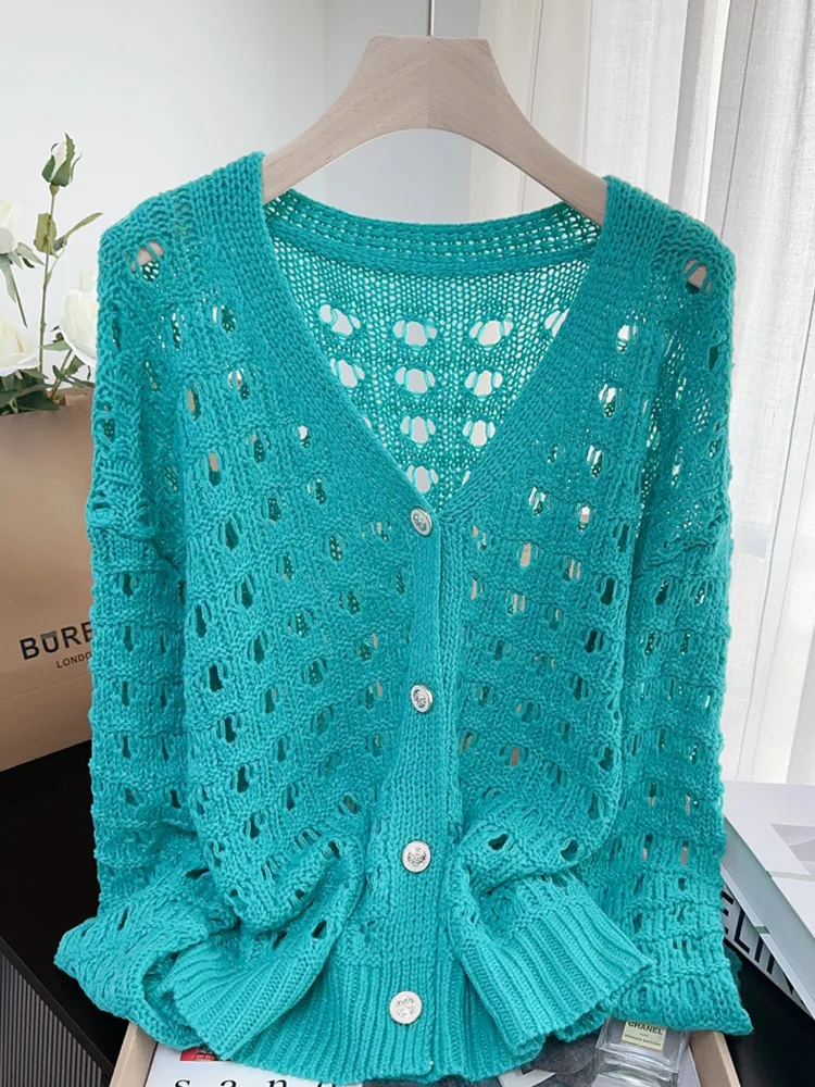 

Korean Style Hollow Out V-Neck Knitted Cardigan For Women 2025 New Loose Retro Solid Long Sleeve Sweater Coat Versatile Tops
