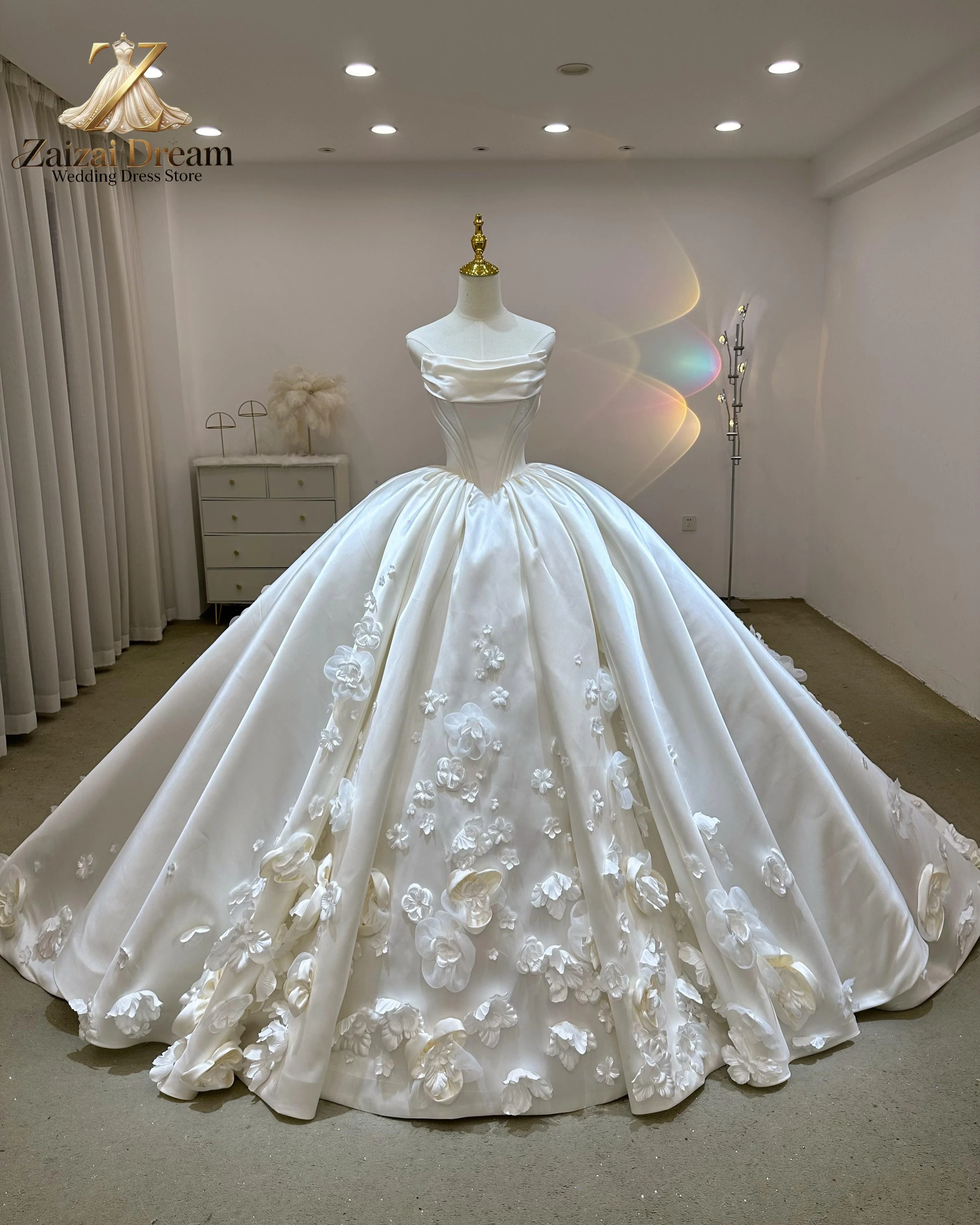 Customized 3D Floral Applique Satin Wedding Dress Luxury Princess Ball Gown Elegant Corset Bride Dress Vestido De Novia