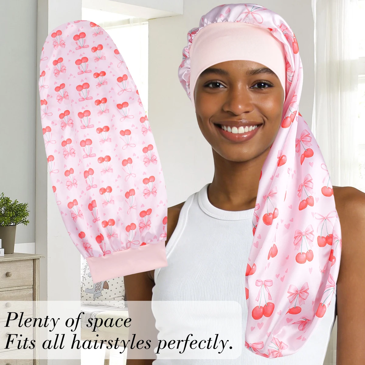 Extra Long Satin Sleeping Cap with Cherry Print - Wide Brim Bonnet for Long Braids, Curly, Straight, or Wavy Hair