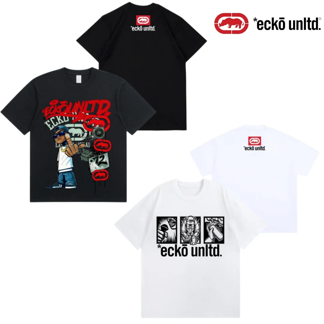 ECKO 2026 new red rhinoceros pattern T-shirt, men's and women's street fashion pure cotton hip-hop rap style pure cotton short s